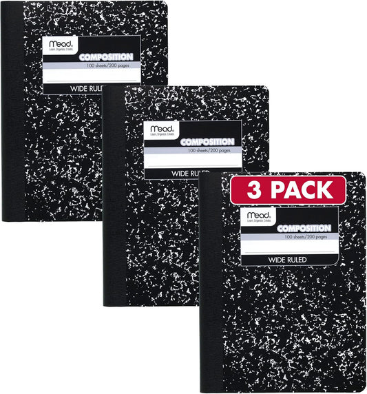 Mead Composition Notebook, Wide Ruled Paper, 7.5" x 9.75", 100 Sheets, Black Marble, 3 Pack (38301)