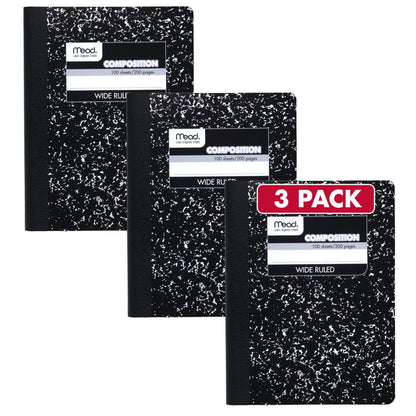 Mead Composition Notebook, Wide Ruled Paper, 7.5" x 9.75", 100 Sheets, Black Marble, 3 Pack (38301)