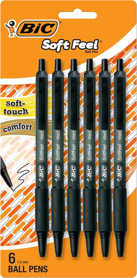 BIC Soft Feel Ballpoint Pen, Black Ink, 6-Count