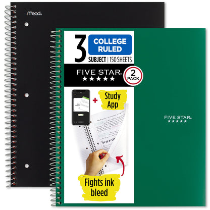 Five Star Spiral Notebook + Study App, 2 Pack, 3 Subject, College Ruled Paper, 8-1/2" x 11", 150 Sheets, Fights Ink Bleed, Water Resistant Cover, Black, Green (820191)