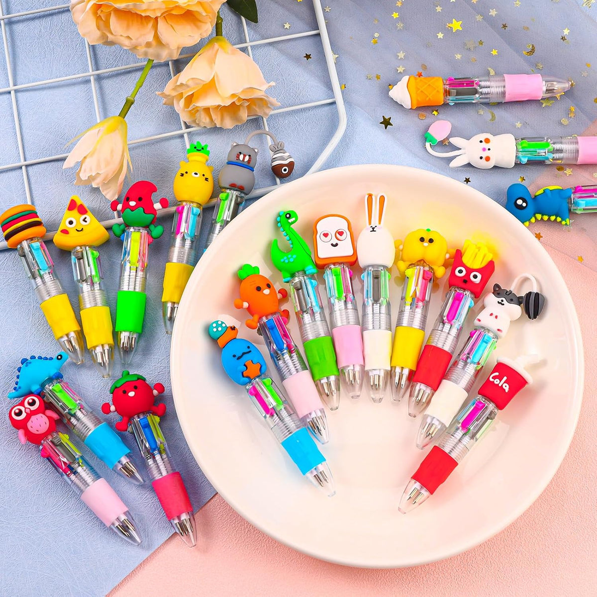 CZWZ 24Pcs Mini Multicolor Pens in One 4-in-1 Cute Pens Bulk for Kids, Fun Kawaii Ballpoint Pens for Birthdays and Children's Party Favors Gifts Teacher School Supplies