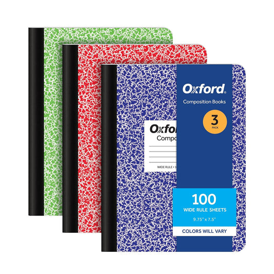 Oxford Composition Notebooks, 3 Pack, Cover Colors Vary, Wide Ruled Paper, 9-3/4 x 7-1/2 Inch School Journals, Assorted Marble Covers, 100 Sheets per Book (1002517)
