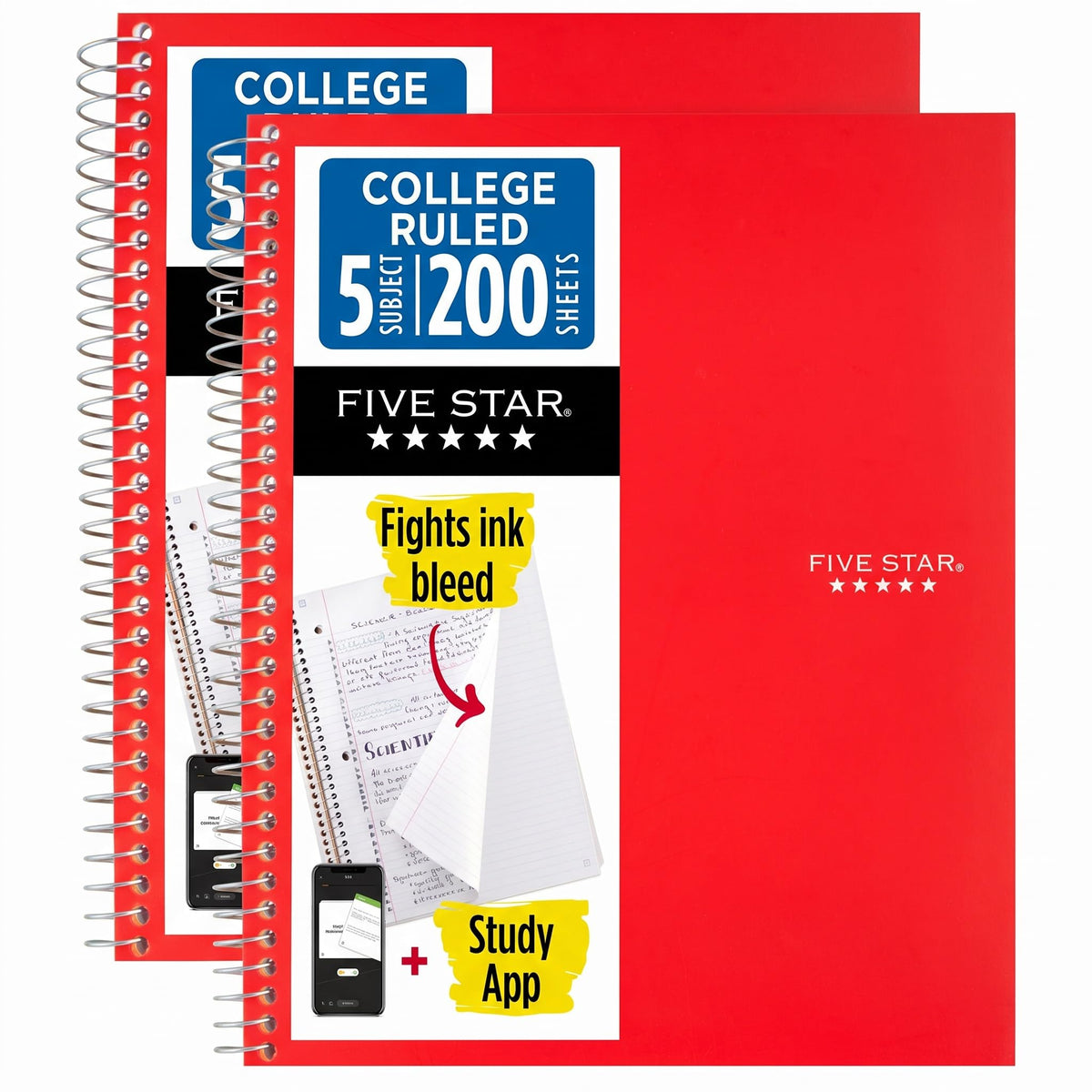 Five Star Spiral Notebook + Study App, 5 Subject, College Ruled Paper, 8-1/2" x 11", 200 Sheets, Fights Ink Bleed, Water Resistant Cover, Black (72081)