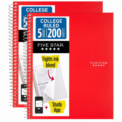 Five Star Spiral Notebook + Study App, 5 Subject, College Ruled Paper, 8-1/2" x 11", 200 Sheets, Fights Ink Bleed, Water Resistant Cover, Black (72081)
