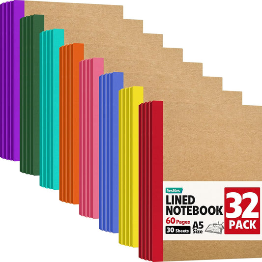 32 Pack A5 Kraft Notebooks Bulk, 8.3”x 5.5” Lined Notebook Journals with Color Strip, Composition Notebooks Journaling Notebooks for School Office Students Artists, 8 Colors 60 Pages