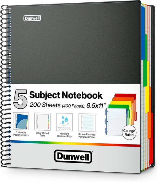 Dunwell 5-Subject Notebook 8.5x11, College Ruled, 200 Sheets, Black