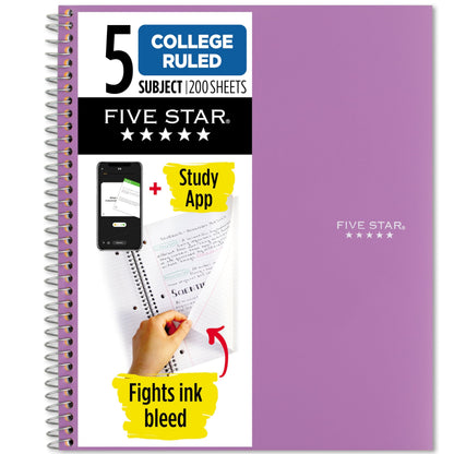 Five Star Spiral Notebook + Study App, 5 Subject, College Ruled Paper, 8-1/2" x 11", 200 Sheets, Fights Ink Bleed, Water Resistant Cover, White (72460)