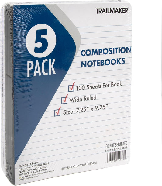 Trail maker 5 Pack Composition Notebooks, Wide Ruled Marble Cover, 200 Pages (100 Sheets), 9.75 x 7.25, Bulk School Supplies for Classroom, Office & School Donations