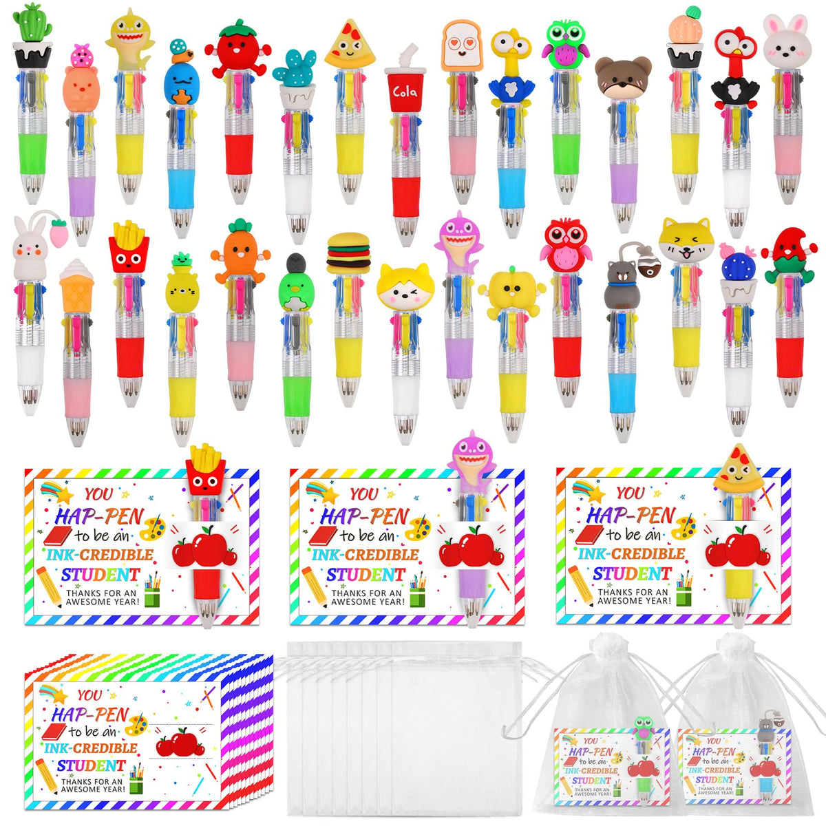 CZWZ 24Pcs Mini Multicolor Pens in One 4-in-1 Cute Pens Bulk for Kids, Fun Kawaii Ballpoint Pens for Birthdays and Children's Party Favors Gifts Teacher School Supplies