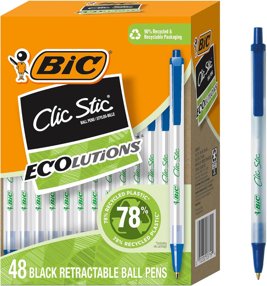 BIC Ecolutions Clic Stic Blue Ballpoint Pens, Medium Point, 48-Count