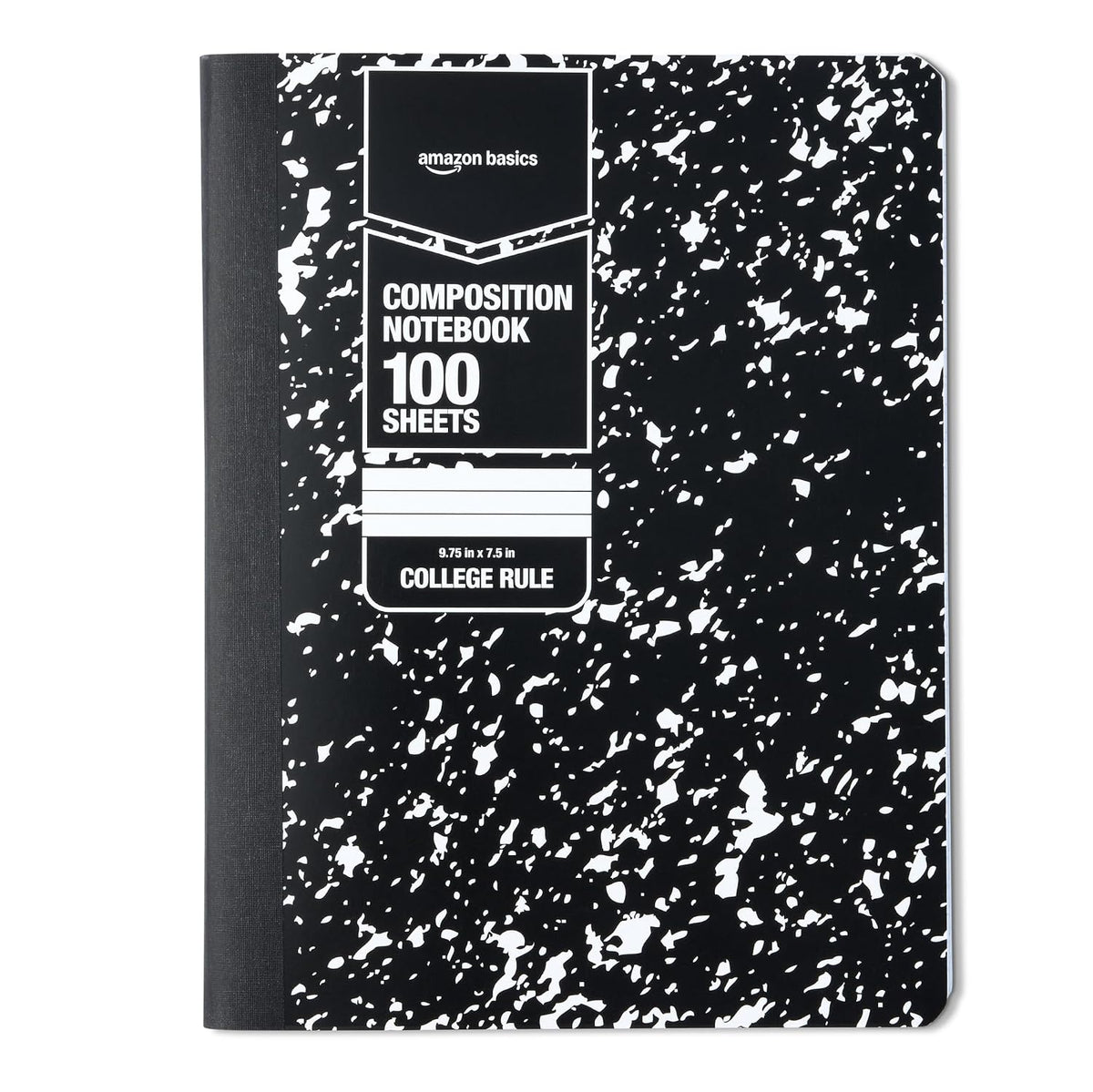 Amazon Basics Composition Notebook, Wide Ruled, 100 Sheets, 9.75" x 7.5", Marble Black, Sturdy Cover with Conversion Charts, for School, Home, and Office Use, 4-Pack