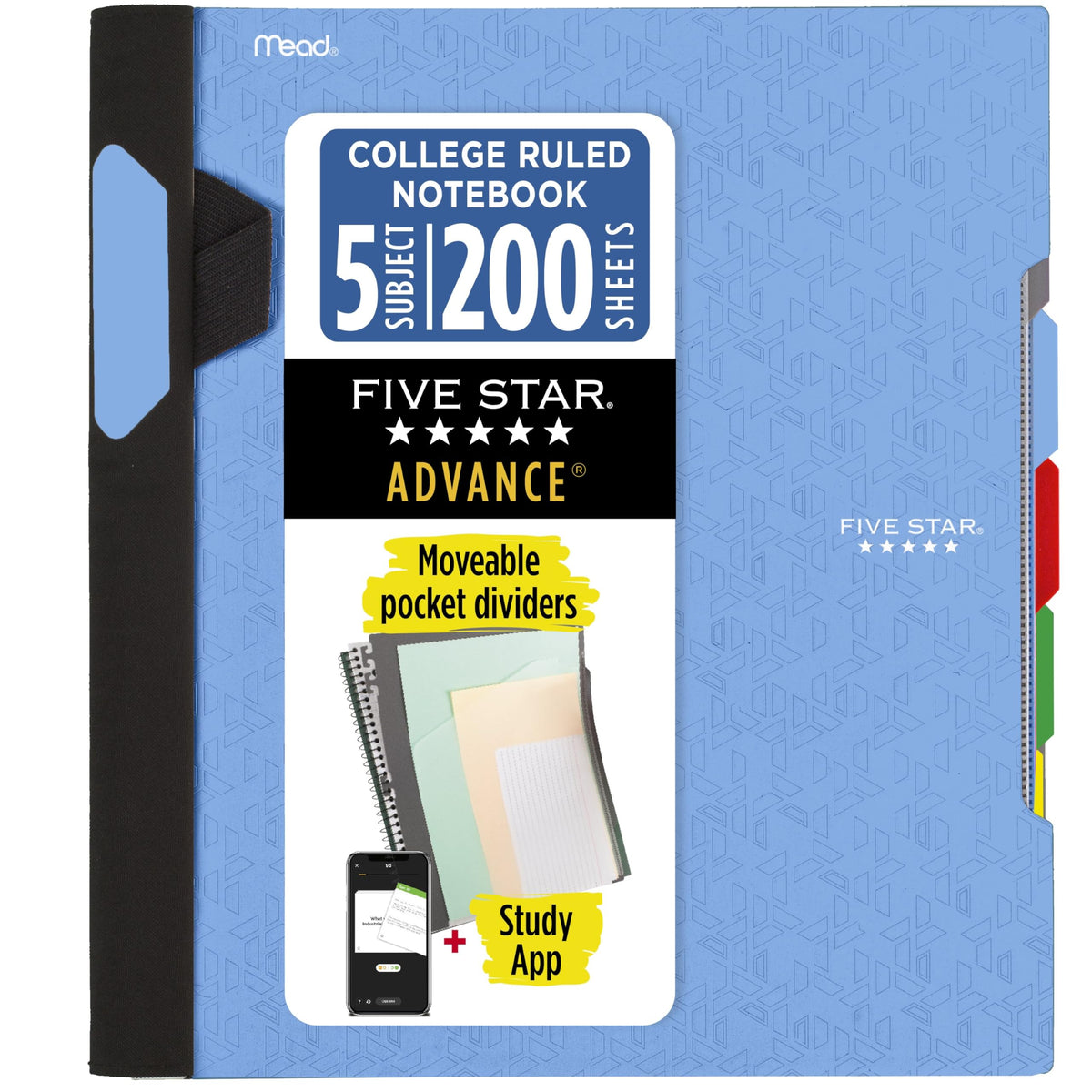 Five Star Advance Spiral Notebook + Study App, 5 Subject, College Ruled Paper, 8-1/2" x 11", 200 Sheets, Spiral Guard, Movable Tabbed Dividers, Black (73144)