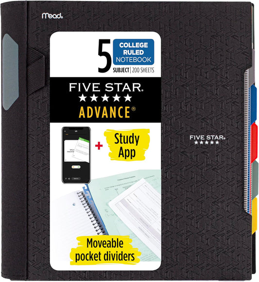 Five Star Advance Spiral Notebook + Study App, 5 Subject, College Ruled Paper, 8-1/2" x 11", 200 Sheets, Spiral Guard, Movable Tabbed Dividers, Black (73144)