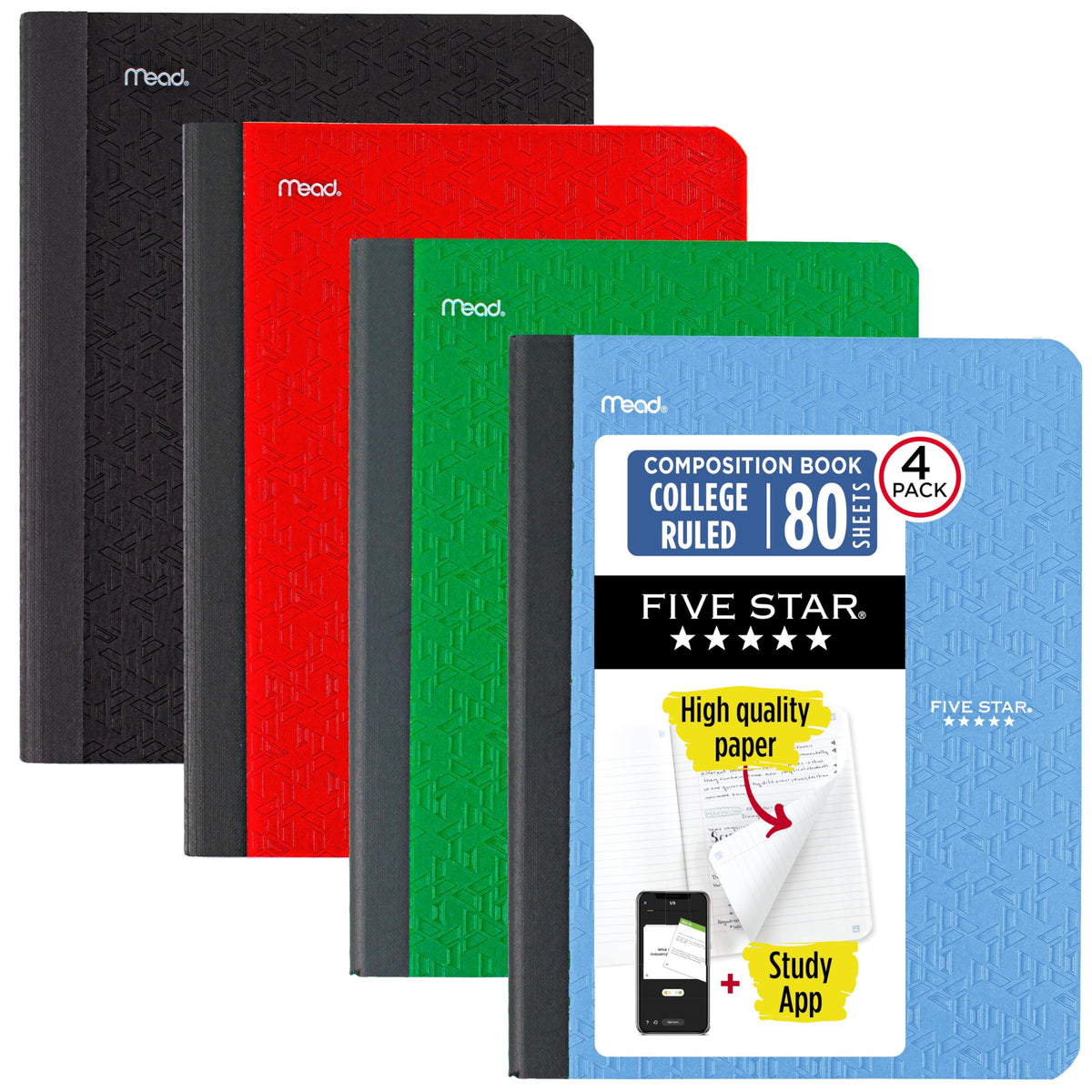 Five Star Composition Book + Study App, 4 Pack, College Ruled Paper, 7-1/2" x 9-3/4", 80 Sheets, Forest Green, Pacific Blue, Fire Red and Black (850065B-ECM)