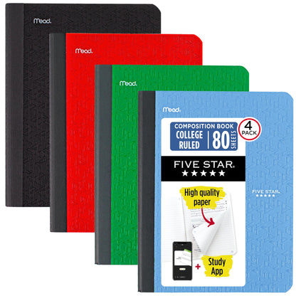 Five Star Composition Book + Study App, 4 Pack, College Ruled Paper, 7-1/2" x 9-3/4", 80 Sheets, Forest Green, Pacific Blue, Fire Red and Black (850065B-ECM)
