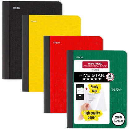 Five Star Composition Book + Study App, 4 Pack, College Ruled Paper, 7-1/2" x 9-3/4", 80 Sheets, Forest Green, Pacific Blue, Fire Red and Black (850065B-ECM)