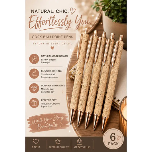 Cork Ballpoint Pens 6-Pack with Metallic Finishes Natural Chic Design Smooth Writing Durable Reliable Perfect Gift