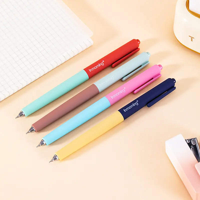 4 Plastic Fine Simple-Style Click Ballpoint Pens - Low-Center Color Block Design, Smooth Continuous Quick-Drying High-Capacity Black Ink, College Student Pen for Study, Office Writing