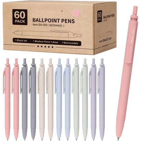 Morandi Click Ballpoint Pens, 60-Pack Bulk Set - 1.0mm Smooth Writing, Black Ballpoint Ink, Aesthetic Soft Office Stationery for School/Office Use