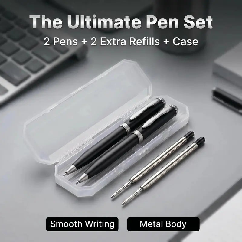 2 Pcs Retractable Metal Ballpoint Pens, for Gift, Business, Office, 1.0mm Medium Point Black Ink, 2 Extras Replaceable Metal Refills Smooth Writing Ballpoint